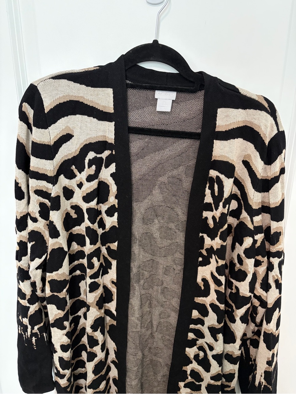 Chico's Black and Cream Animal Print Open Cardigan - Picture 2 of 6